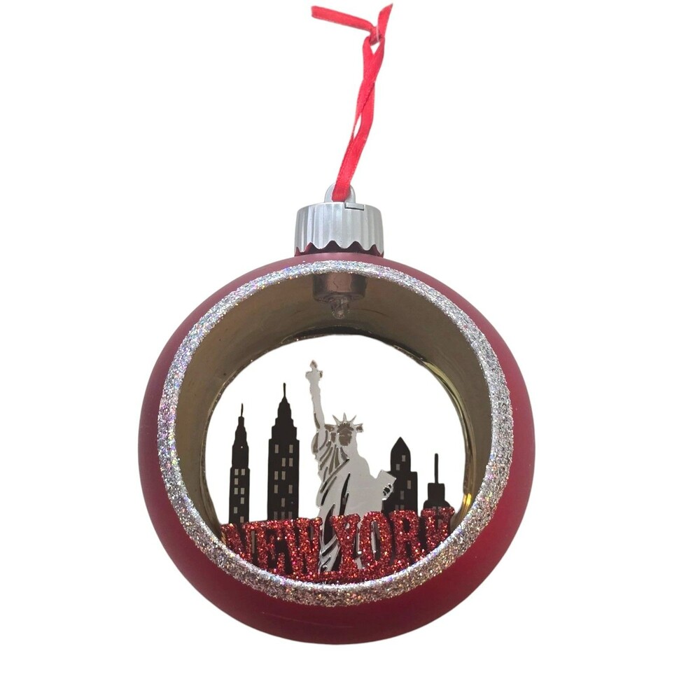 Holiday Lane New York Glitter Diorama Christmas Ball Ornament Red Silver 3D 3.5"